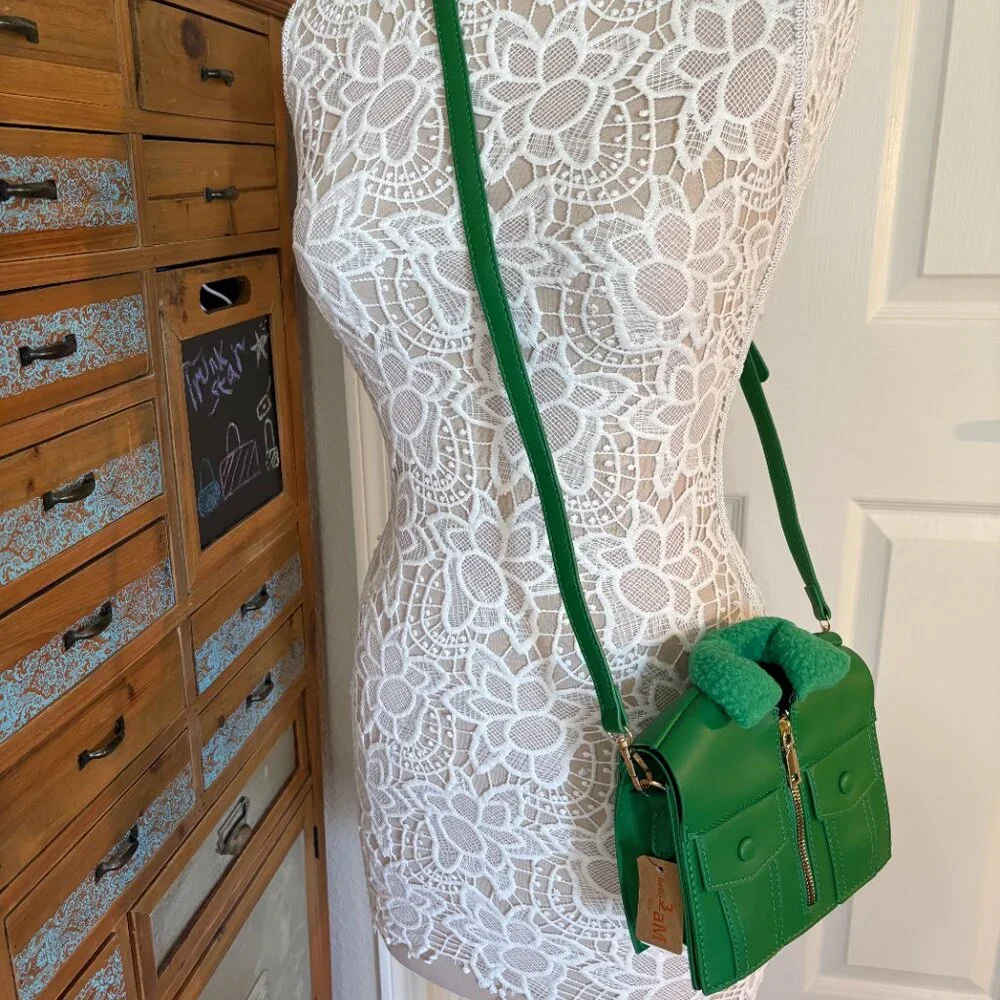 Jacket Shaped Crossbody Bag/ Faux Fur & Leather Coat Purse - Green - NWT - Picture 4 of 9